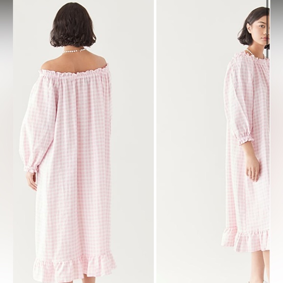 Sleeper Women’s Linen Lounge Dress Puff Sleeve Ruffle Hem in Pink Check - Picture 2 of 8